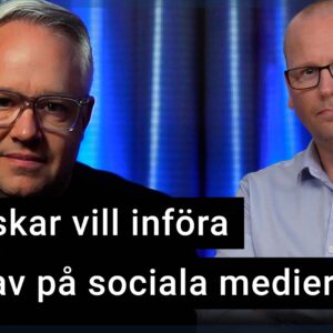 Måns Jonasson och Karl Emil Nikka. Texten ”svenskar vill införa ID-krav på sociala medier” är stämplad ovanpå.