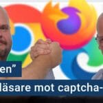 Peter Esse och Karl Emil Nikka tar i hand. I bakgrunden syns logotyperna för Chrome, Edge och Firefox. Ovanpå bilden är texten ”webbläsare mot captcha-rutor” stämplad.