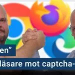 Peter Esse och Karl Emil Nikka tar i hand. I bakgrunden syns logotyperna för Chrome, Edge och Firefox. Ovanpå bilden är texten ”webbläsare mot captcha-rutor” stämplad.