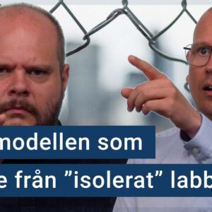 Peter Esse och Karl Emil Nikka ser oroliga ut där de står framför ett uppbrutet stängsel. Texten ”GPT-modellen som rymde från isolerat labb” är stämplad ovanpå.