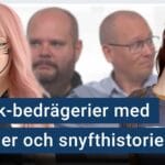 Två ai-genererade Tiktok-tjejer står framför Peter Esse och Karl Emil Nikka. Texten ”Tiktok-bedrägerier med ai-tjejer och snyfthistorier” är stämplad ovanpå.