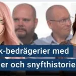 Två ai-genererade Tiktok-tjejer står framför Peter Esse och Karl Emil Nikka. Texten ”Tiktok-bedrägerier med ai-tjejer och snyfthistorier” är stämplad ovanpå.
