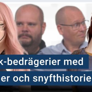 Två ai-genererade Tiktok-tjejer står framför Peter Esse och Karl Emil Nikka. Texten ”Tiktok-bedrägerier med ai-tjejer och snyfthistorier” är stämplad ovanpå.