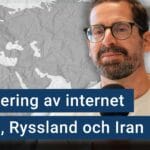 Marcin de Kaminski framför en världskarta. Texten ”blockering av internet i Kina, Ryssland och Iran” är stämplad ovanpå bilden.