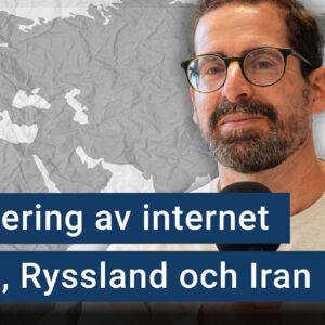 Marcin de Kaminski framför en världskarta. Texten ”blockering av internet i Kina, Ryssland och Iran” är stämplad ovanpå bilden.