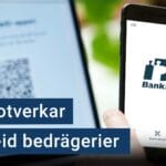 En användare håller upp en mobil med Bank-id-appen öppen. I bakgrunden syns en qr-kod. Texten ”så motverkar Bank-id bedrägerier” är stämplad ovanpå bilden.