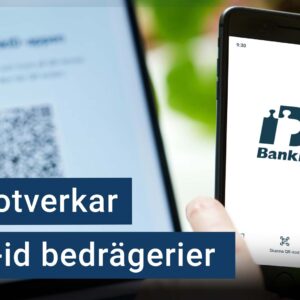 En användare håller upp en mobil med Bank-id-appen öppen. I bakgrunden syns en qr-kod. Texten ”så motverkar Bank-id bedrägerier” är stämplad ovanpå bilden.