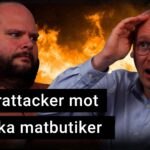 Peter Esse och Karl Emil Nikka ser oroliga ut. I bakgrunden syns en brand. Texten ”cyberattacker mot franska matbutiker” är stämplad ovanpå bilden.