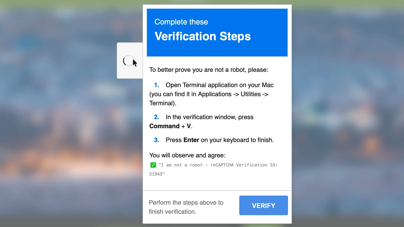 Skärmavbild av en webbsida med en falsk captcha-ruta som uppmanar en Mac OS-användare att öppna Terminalen och klistra in ett kommando.