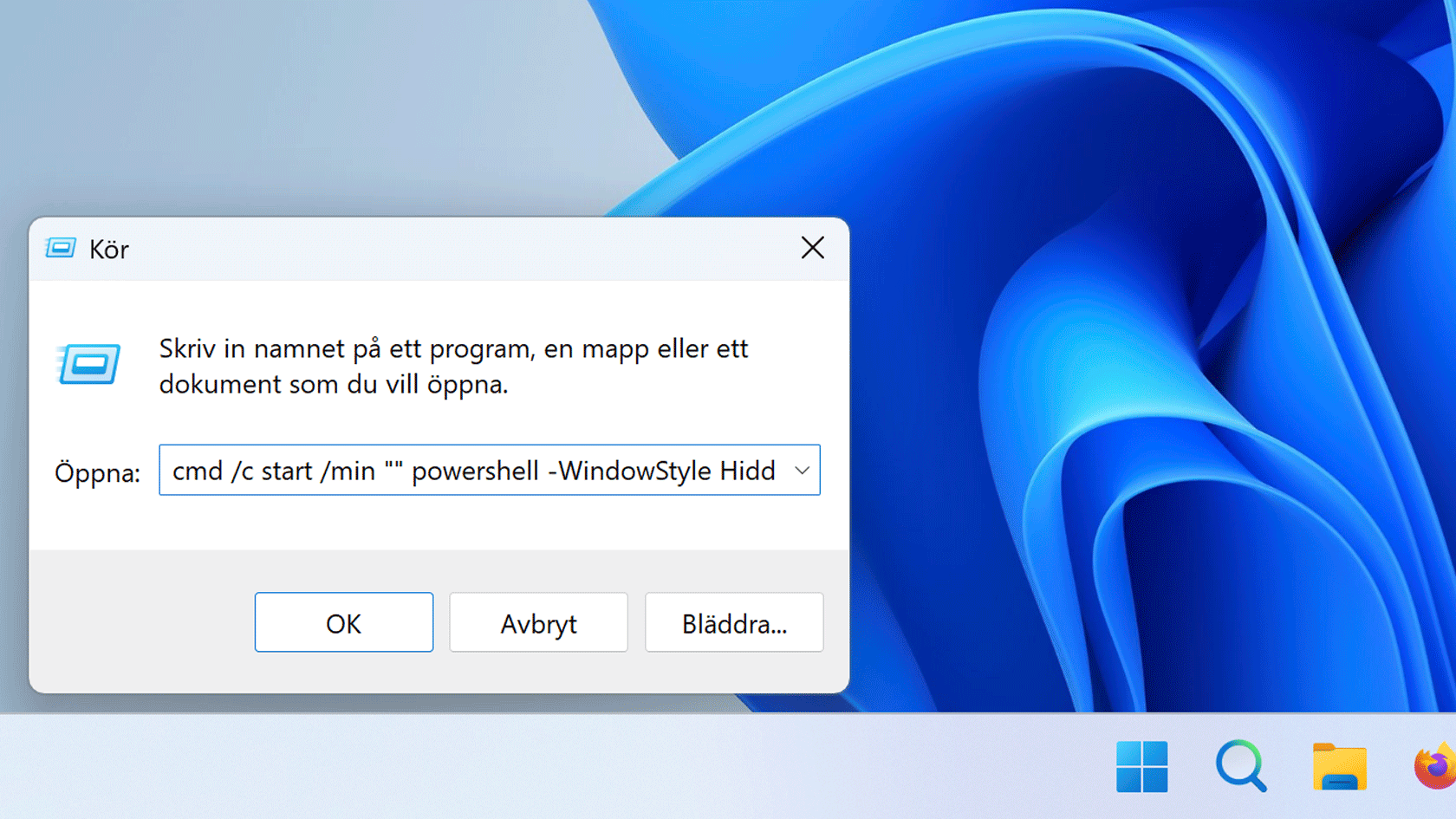 Skärmavbild av dialogrutan Kör i Windows med ett inklistrat clickfix-kommando.